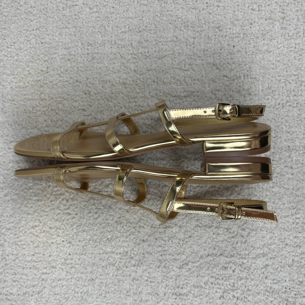 J. Crew Factory Sandals Womens 10.5 Gold Ankle‎ Strap Open Toe Buckle Flats - Picture 3 of 13